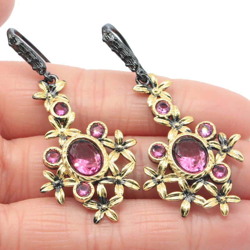 اشتر 4 واحصل على 1 مجانًا 52x24 مللي متر 9.6 جرام عتيق التورمالين الوردي البنفسجي تنزانيت الزبرجد الرودوليت العقيق أقراط معدنية سوداء فضية #6