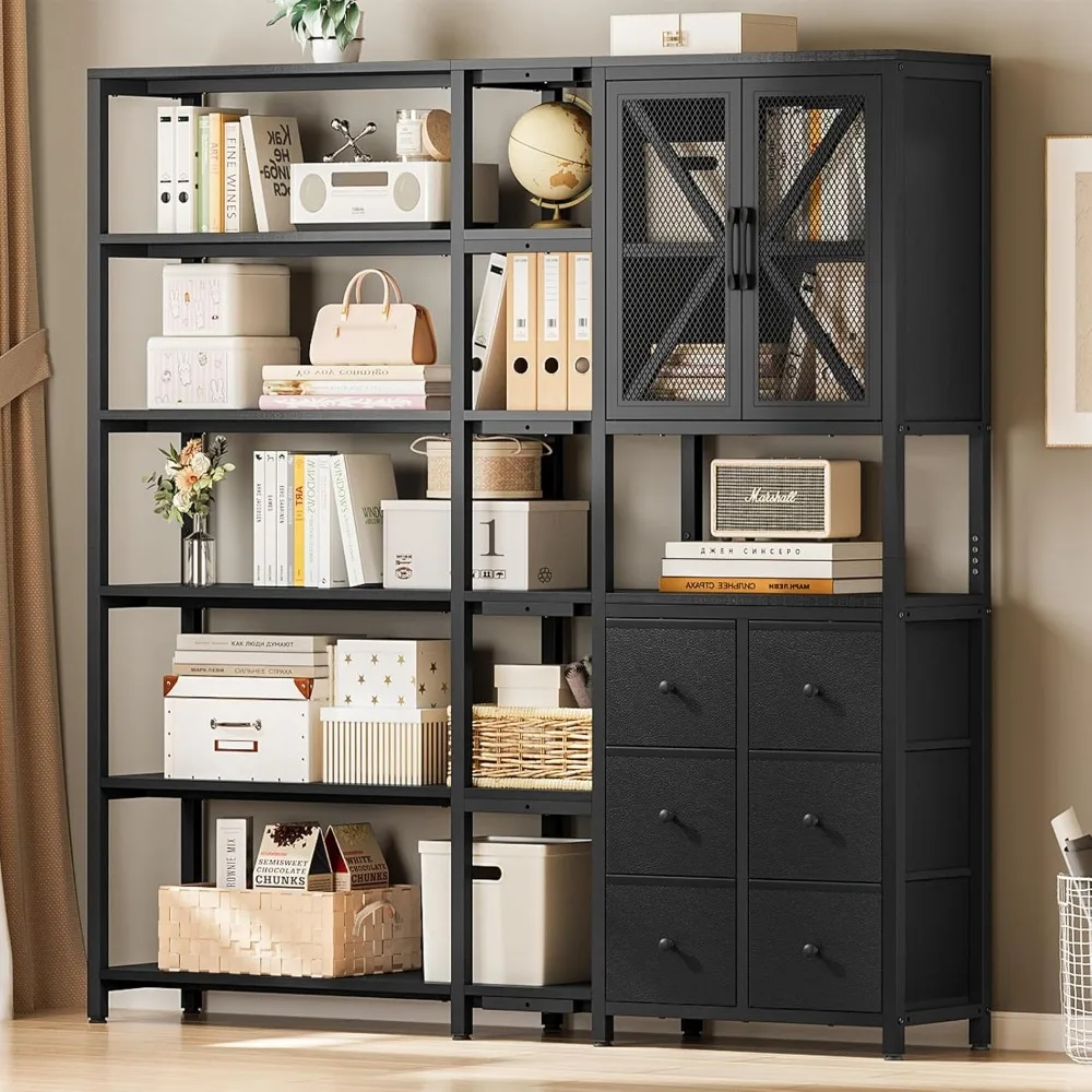 

Corner Bookshelf 6 Tier, 70.9" Convertible Tall Bookshelf with 6 Fabric Drawers, Corner Bookcase with Metal Doors, Large Book Sh