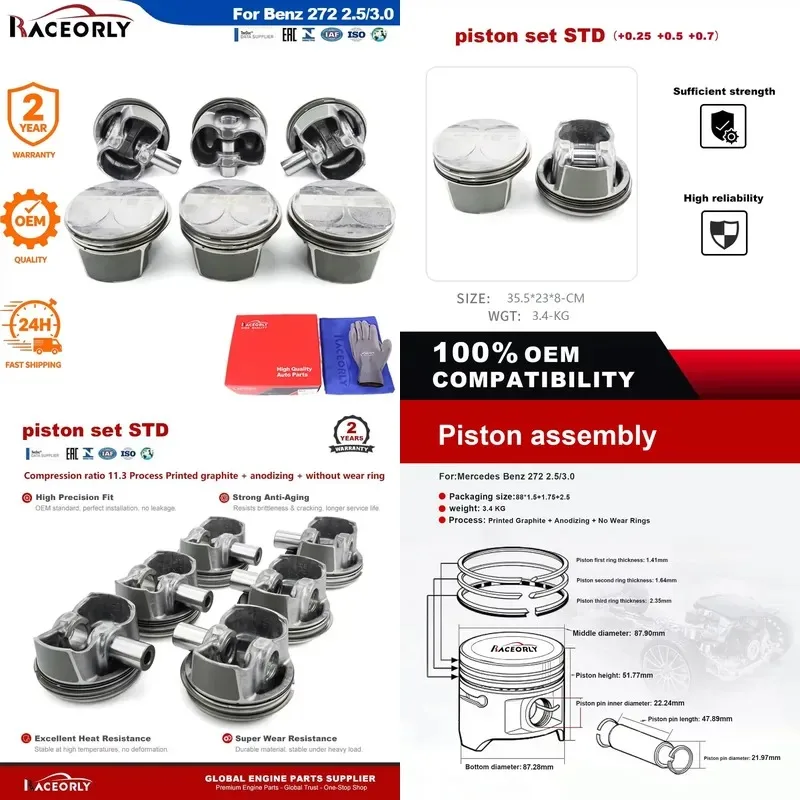 Hot Sale RACEORLY A2720301018 M272 Engine Piston Set for 2.5 3.0 V6 C300 E300 88mm Bore 6pcs Oil Burn Fix
