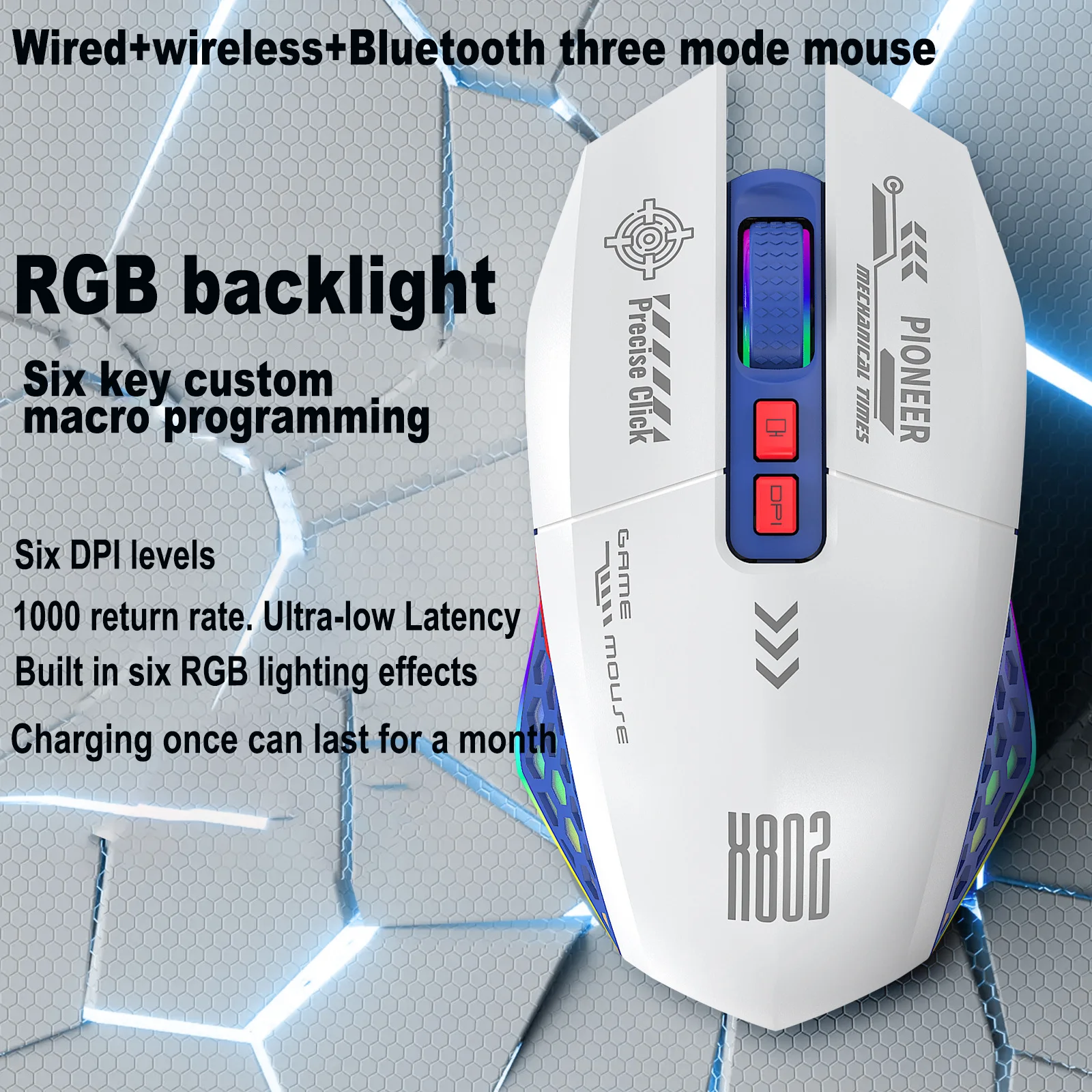 

Full key Macro Programming Wireless Mouse Wired+2.4G+Bluetooth 3 Modes Rechargeable RGB Backlight Gaming Mouse 6-Speed DPI