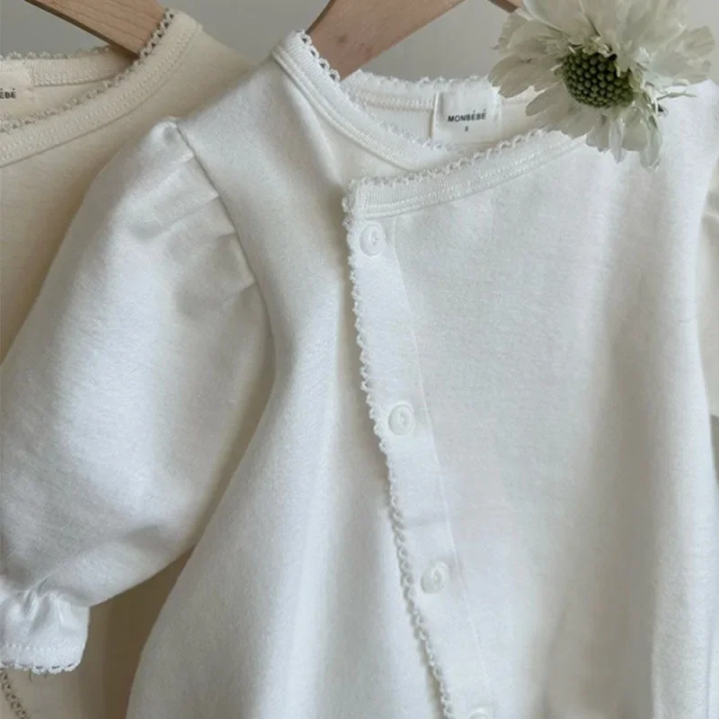 Newborn Photography Romper 2023 New Kids Clothing Korean Summer Autumn Solid Color One-piece Fashion Single Breasted Lace Cuff