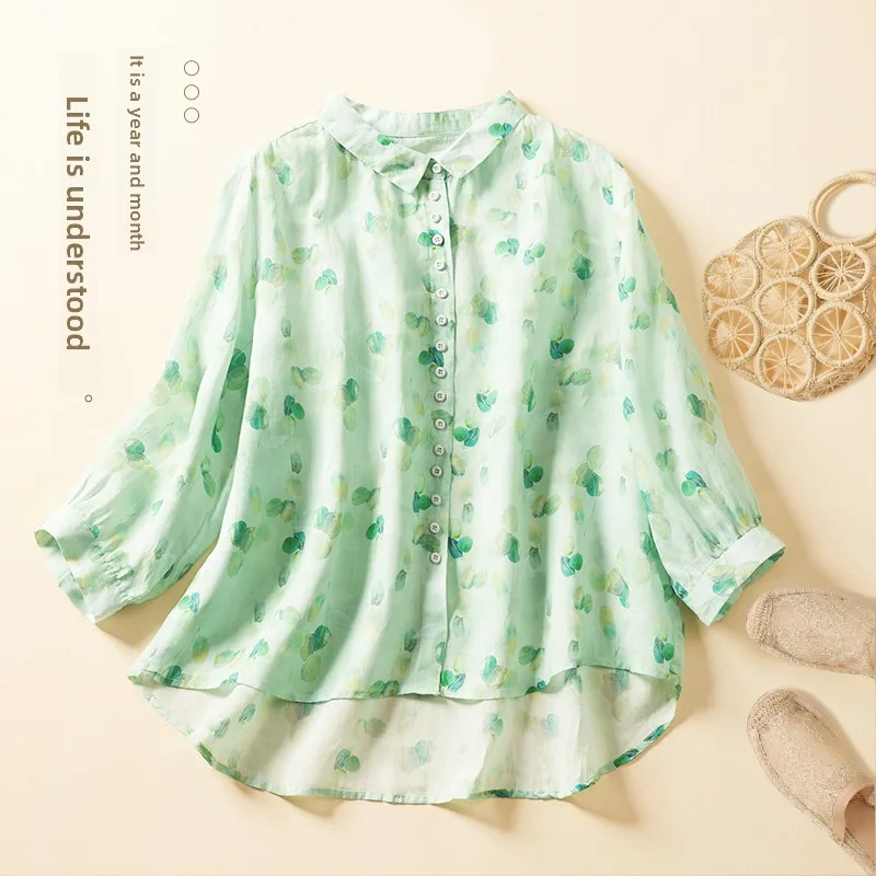 

Retro Heavyweight Printed Slim Linen irt Ele Turn-down Collar 7 Sve Lined irt Artistic Loose Top Commute Sle