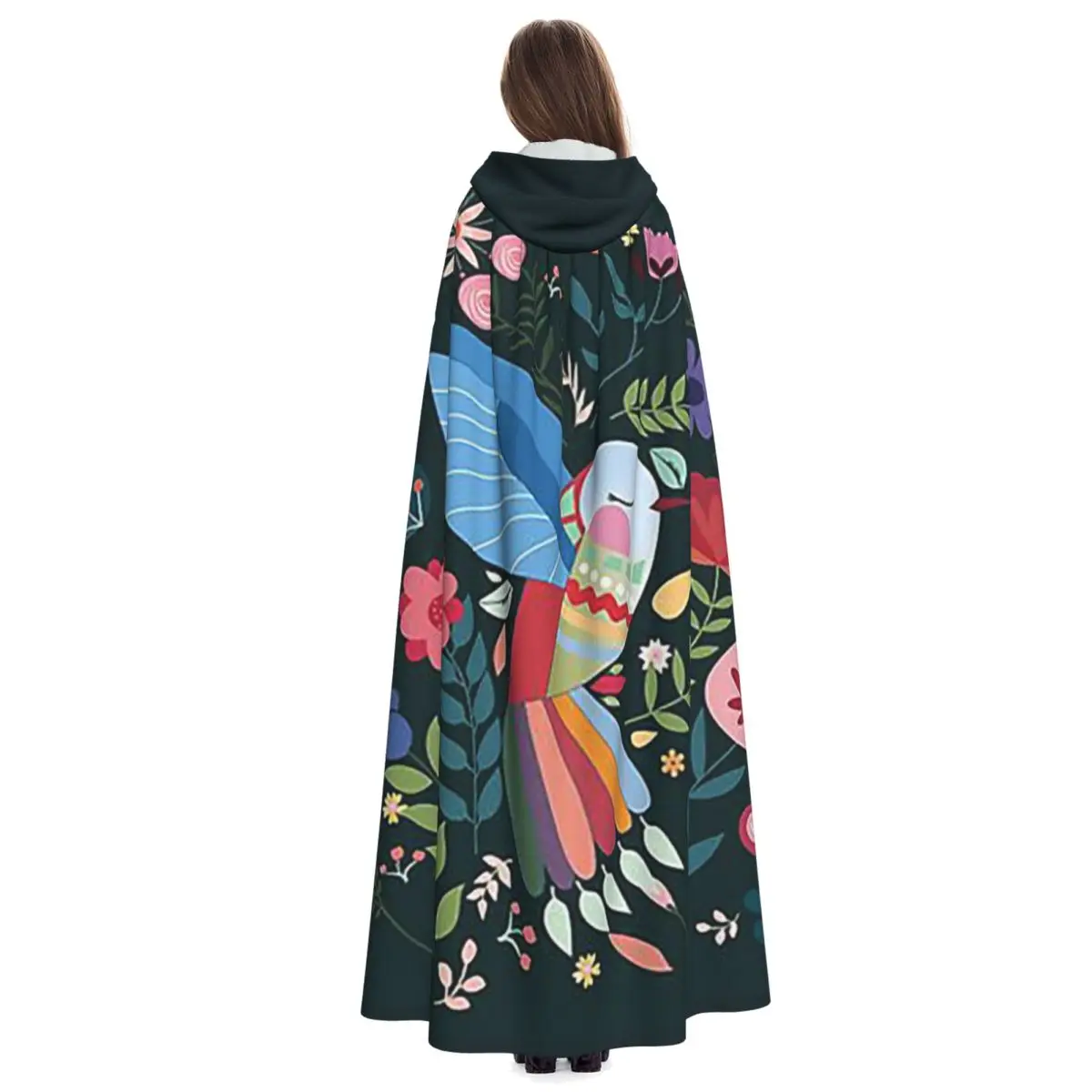 Kolibrie met een bloemenbloem Lange capuchonmantel Heks Middeleeuws kostuum Cosplay Cape HalloweenVampier Volwassen Unisex