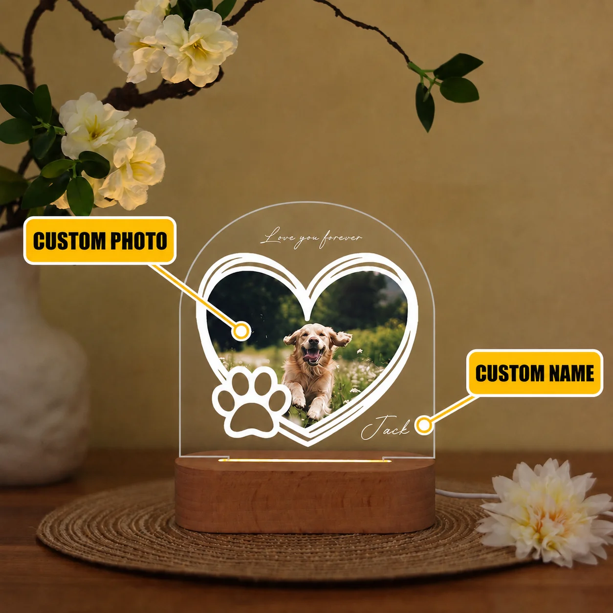 Personalized Pet Memorial Night Light Custom Photo Acrylic Plaque with Keepsake Dog Cat Loss Sympathy Remembrance Gift