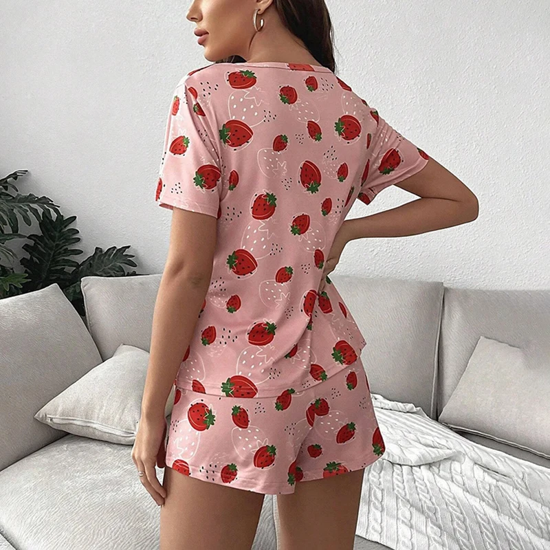 Women's Sleepwear Cute Strawberry Print Pajama Pj Set Summer Short Sleeve Top & Shorts Loungewear Soft Comfortable Home Clothing