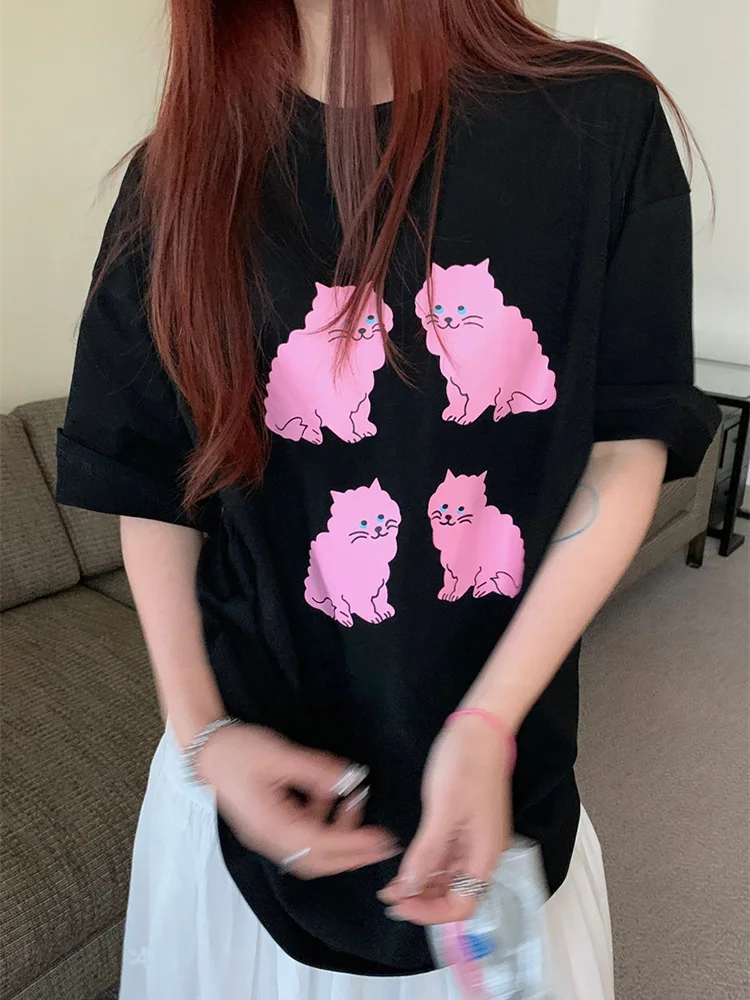 Benuynffy O-Neck Half Sleeve Oversized Tee Women 2024 New Summer Cute Print Harajuku Loose Long T-Shirt Tops Y2k Streetwear