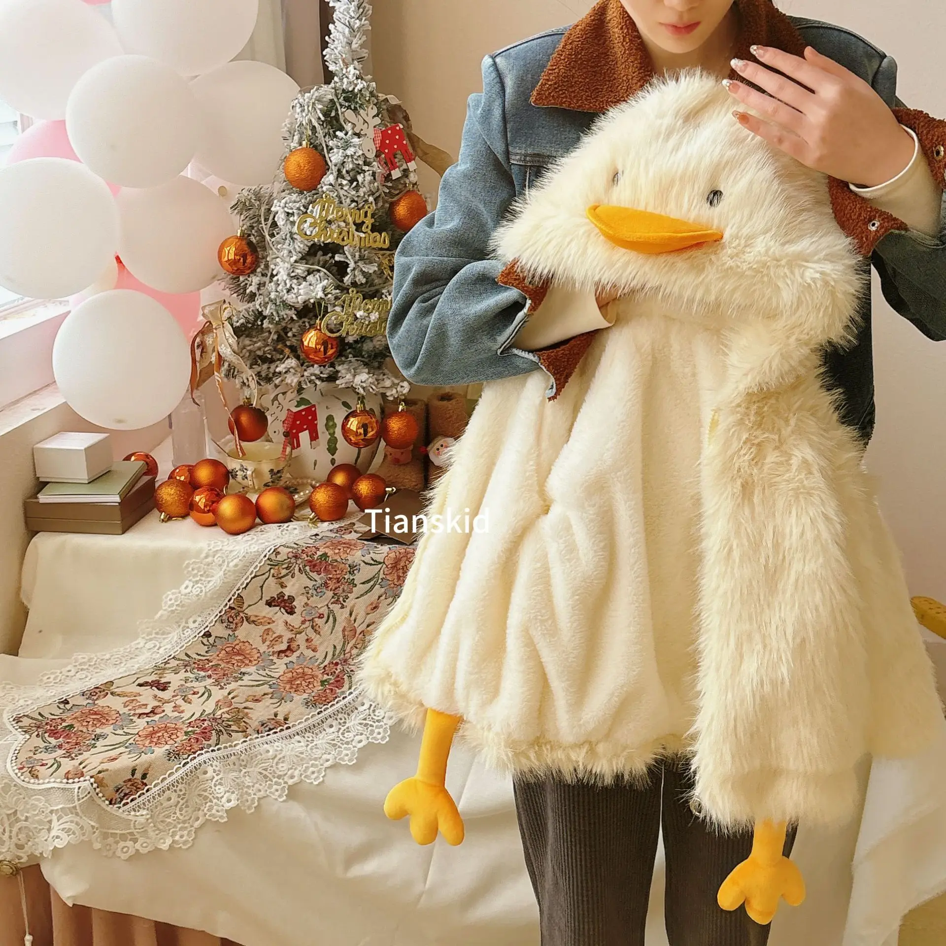 Winter Children Girl Woolen Coat Korea Plush Toy Infant Baby Girl Long Fur Coat 1-6Y Kid Girl Duck Hooded Toddler Girl Outerwear