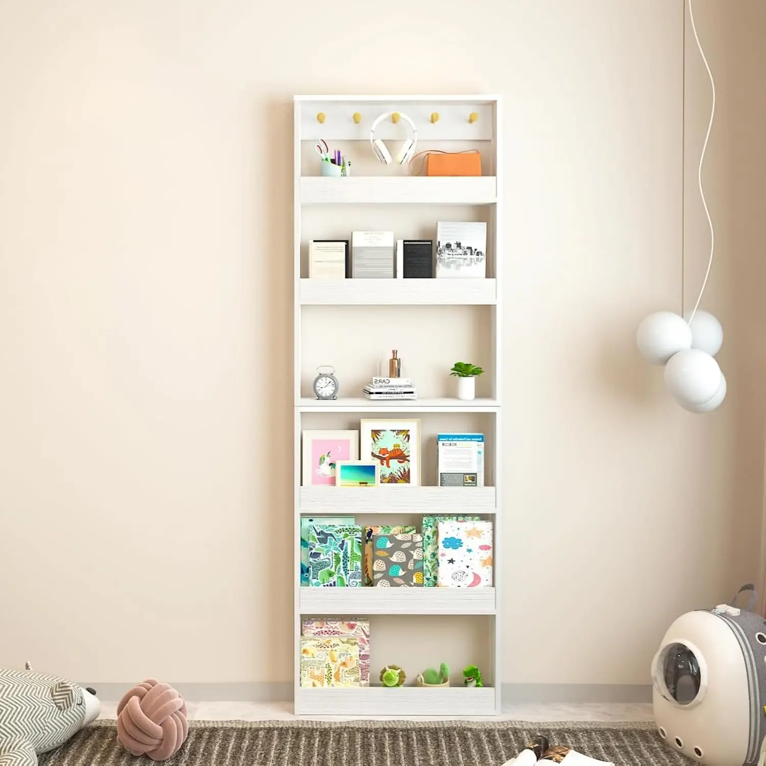 

Behind The Door Bookshelf,6-Tier Wall-Mounted Shelf with Adjustable Height and Safety Rails Space-Saving Design for Nurs