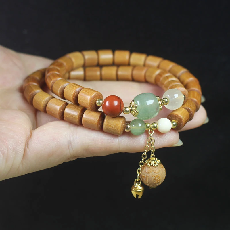 8mm double-loop bracelet with light green jade barrel , sandalwood prayer , Buddhist beads, co