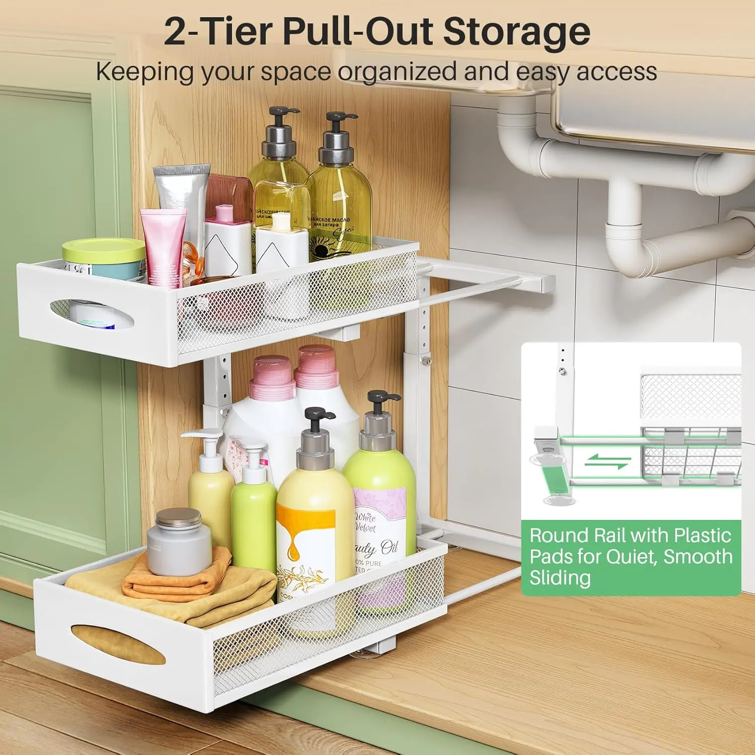

Under Sink Organizer, 2 Pack 2 Tier Pull Out Cabinet Organizer Baskets With Mesh Sliding Drawers, Slide Out Sink Storage