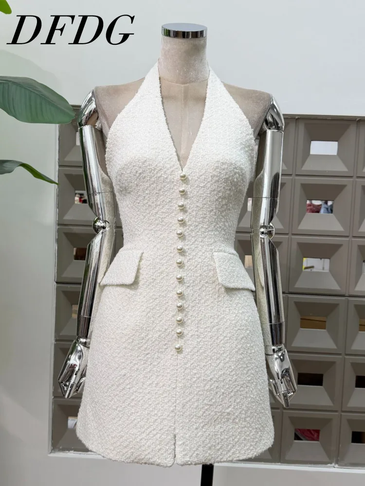 

DFDG 2025 Summer Women’s Halter Backless V Neck Dress Woven Bodycon Sleeveless Wrap Sexy Elegant Beach Holiday Party Dress