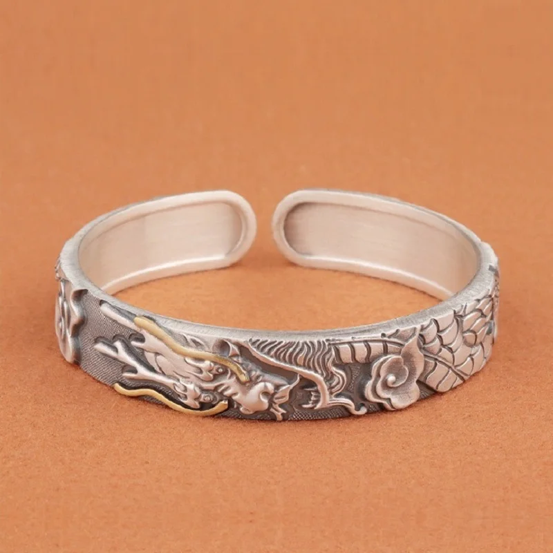 Real Silver Retro Domineering Dragon Open Bangle For Men Male S925 Sterling Sliver Vintage Fashion Bracelet Fine Jewelry Gift