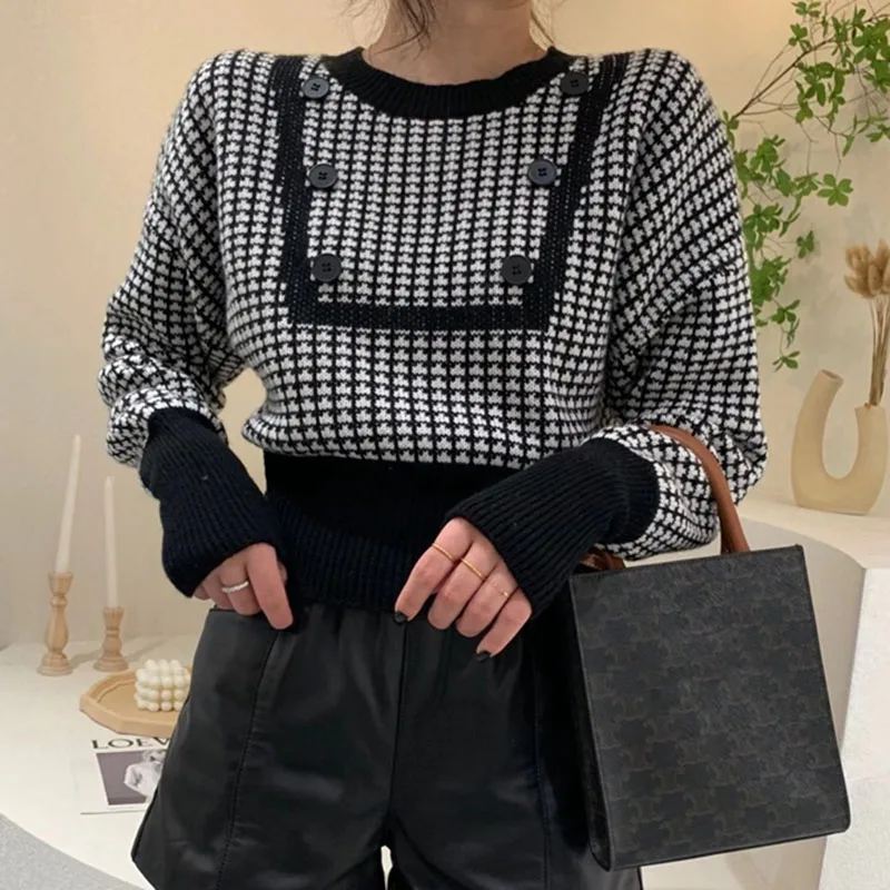 Zoki Houndstooth Vintage Sweaters Women Long Sleeve Casual Patchwork Knitted Jumpers Korean Loose O Neck Retro Buttons Pullovers