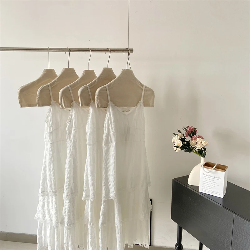 Women White Camis Dress Lace Patchwork Summer Korean Fashion Sexy Long Skirt Thin Off Shoulder Cake Dresses Ins Female Clothes