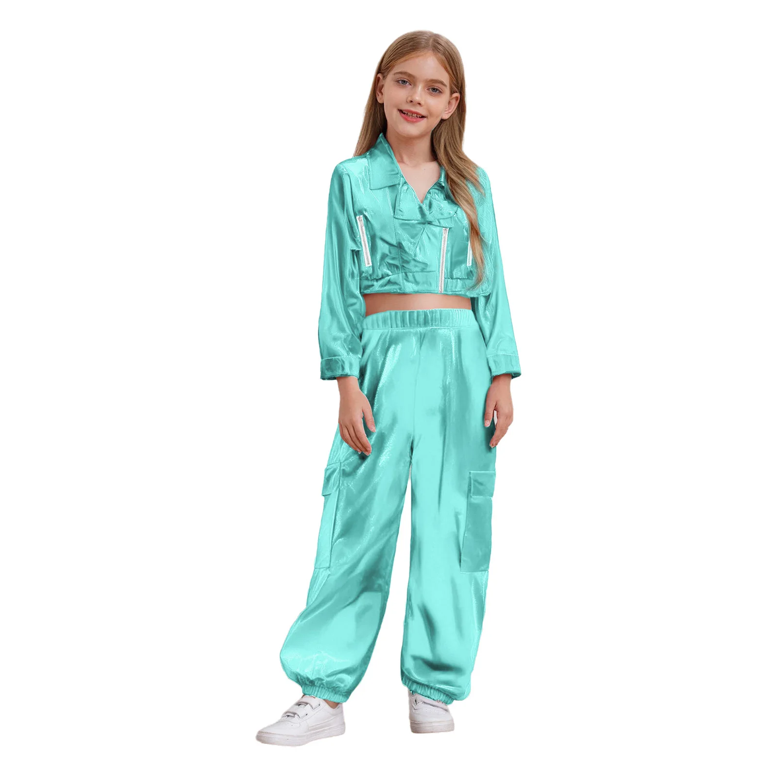 ユニセックスキッズジャズダンス衣装ジッパーメタリックヒップホップジャケットターンダウンカラー長袖トップ+光沢のあるパンツダンスパフォーマンス用