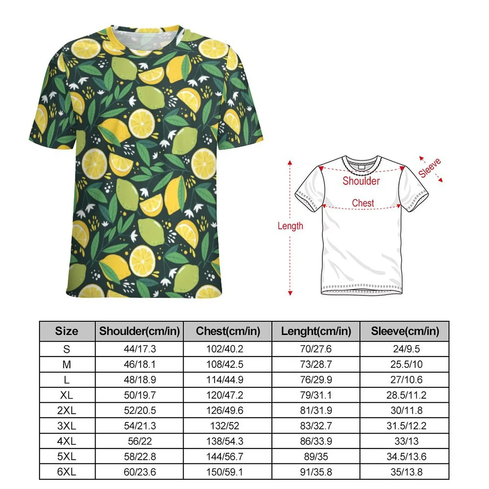 Yellow Lemon Print T Shirt Green Lime Fruit Streetwear T-Shirts O-Neck Hippie Tee Shirt Beach Men Pattern Top Tees Plus Size 6XL