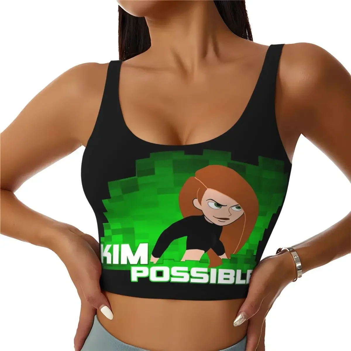 Custom Kim Possible Anime Green Light Women Sports Bras High Impact Vest Gym Workout Yoga Crop Tank Tops