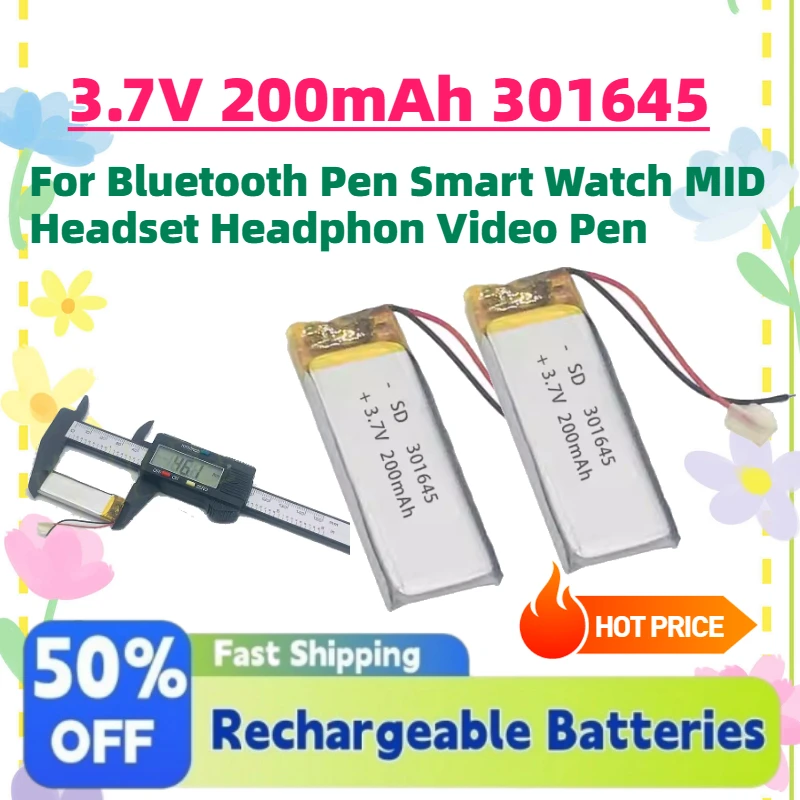 Fast Shipping 3.7V 200mAh 301645 Li-po Rechargeable Battery For Bluetooth Pen Smart Watch MID Headset Headphon Video Pen