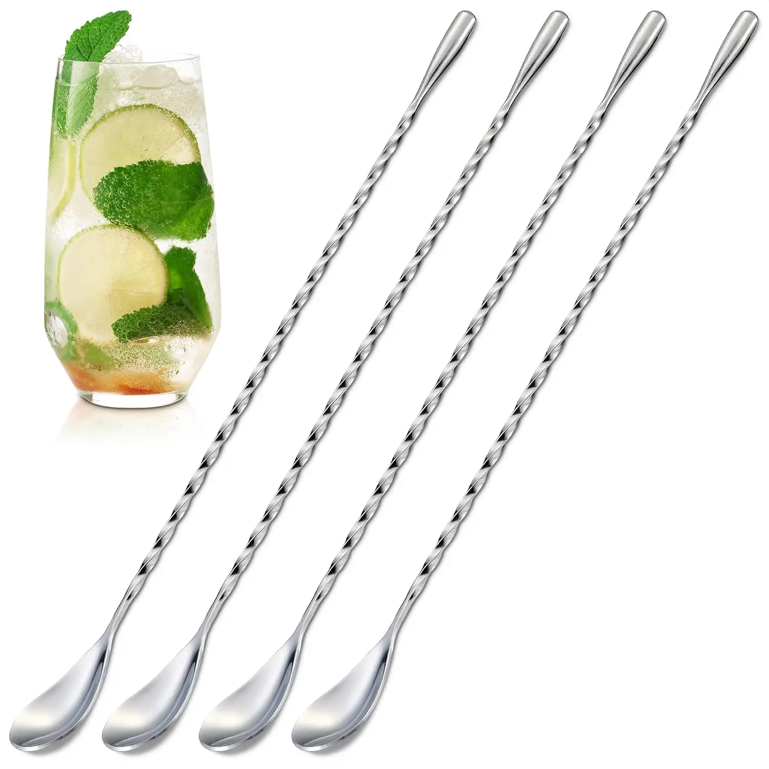 

4-Pack 12" Stainless Steel Cocktail Stirring Spoons for Home Bar, Coffee, and Soda