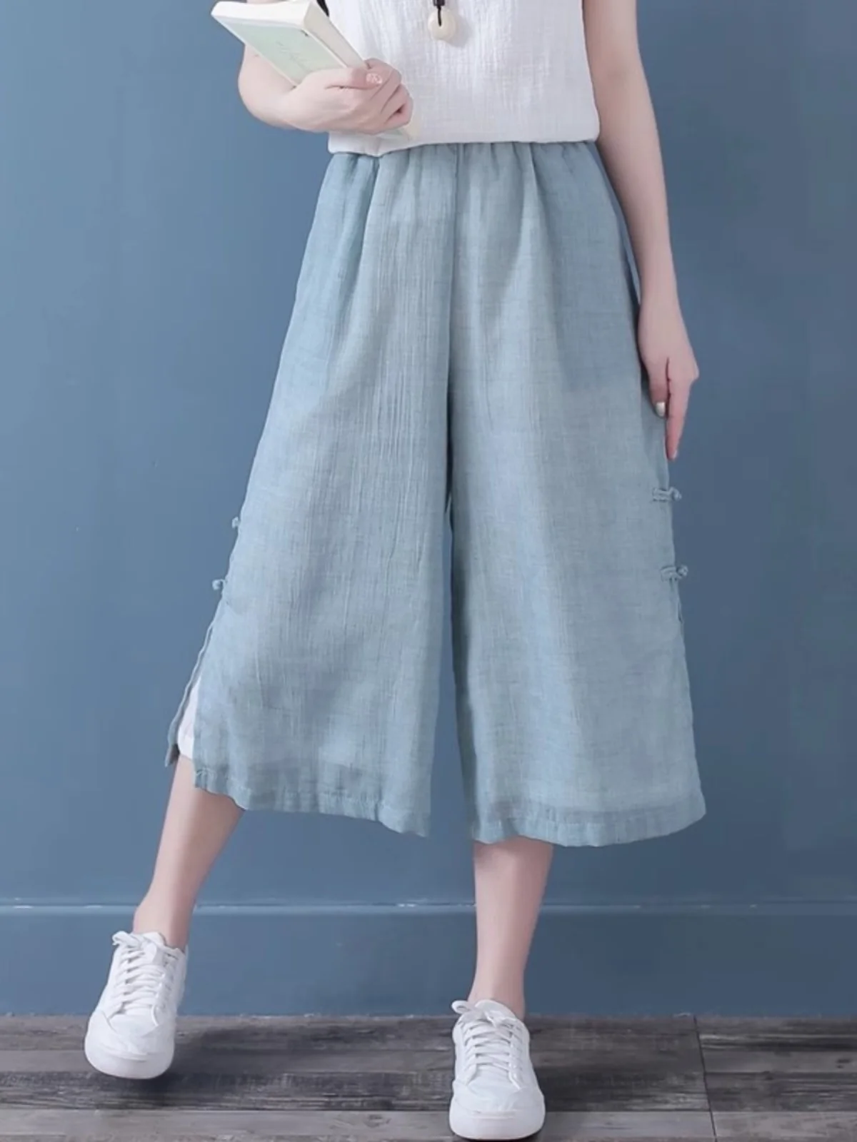 

New Chinese Sle Button Pants Women's Summer Thin Casual Seven-Foot Elastic Waist Cotton Linen Wide Leg Straight Yoga Pants