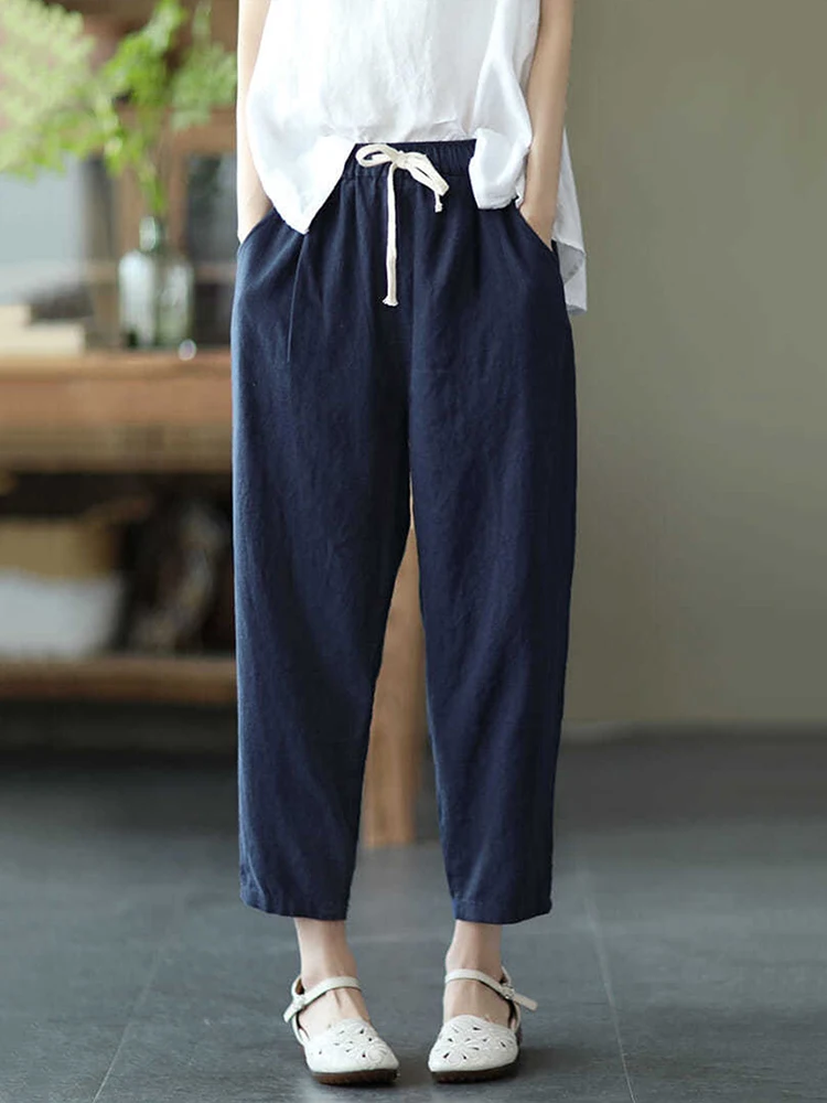 Solid Color Cotton and Linen Pants for Woman Vintage Loose Streetwear Harem Trousers Female Casual High Waist Drawstring Pants