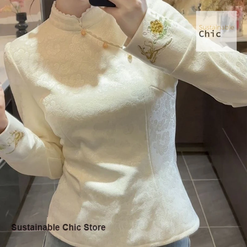 New Chinese national wind printed jacquard plus velvet blouse New autumn and winter stand-up collar slim long-sleeved blouse