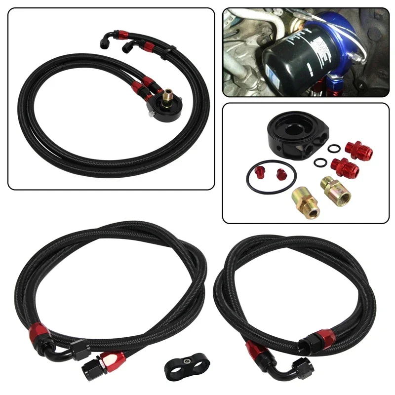 AN10 1.4m 1.6m Nylon Braided or SS Braided Oil Line+ AN10 Oil Filter Sandwich Adapter w/ Hose Fittings Black / Blue