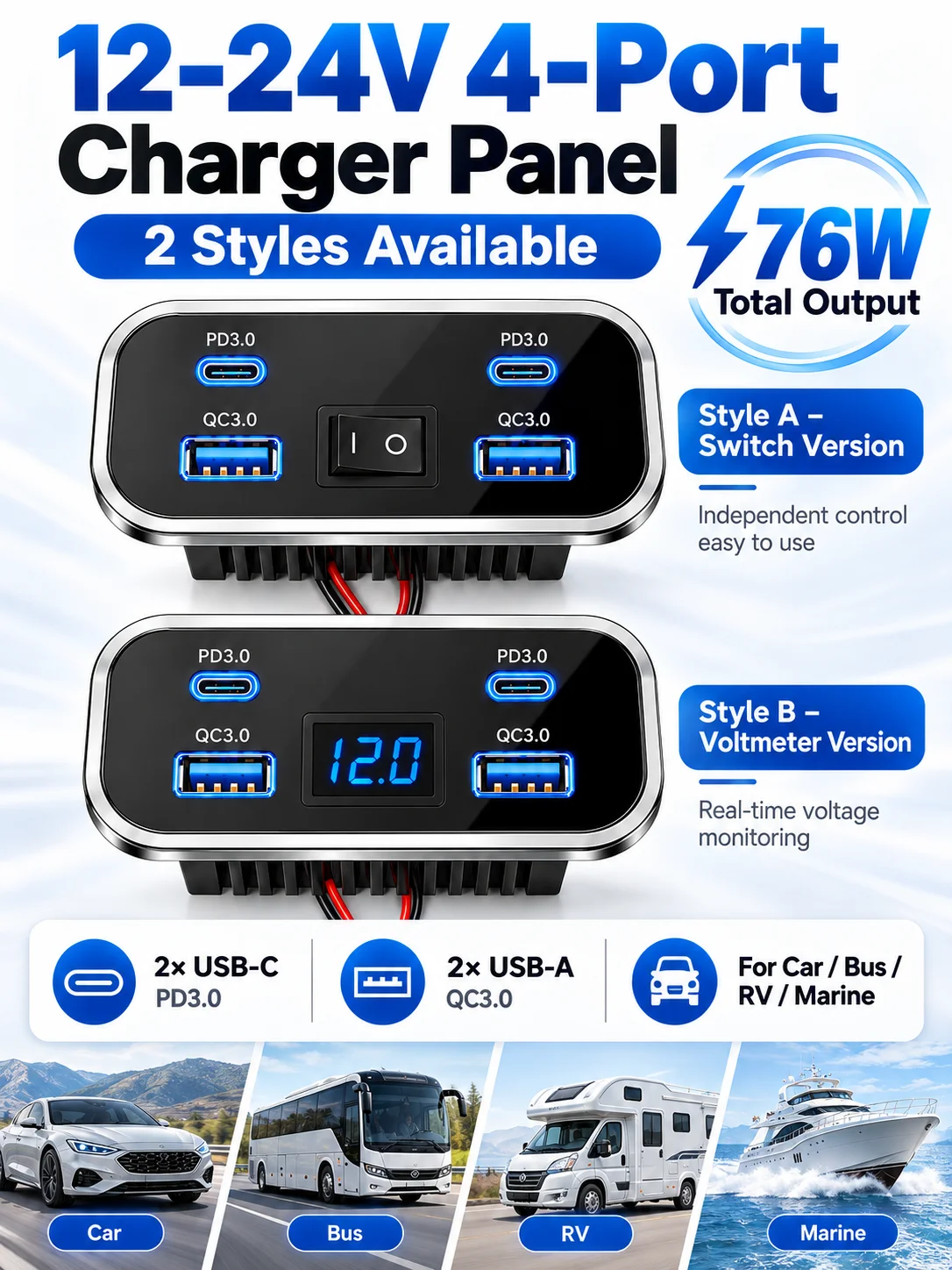 4-Port 12V RV USB Charger, 76W Dual PD3.0 Type-C & QC3.0, Wall Mount Panel for Marine, ATV, Truck, Vehicle Charging Retrofit