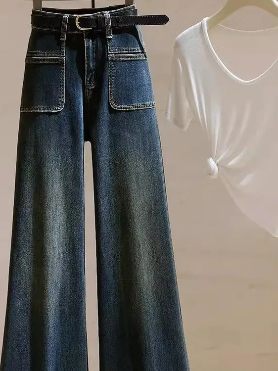 High Waist Wide Leg Denim Jeans Women's Fleece Lined Thickened Vintage Loose Straight Leg Slimming Micro Flared Pants