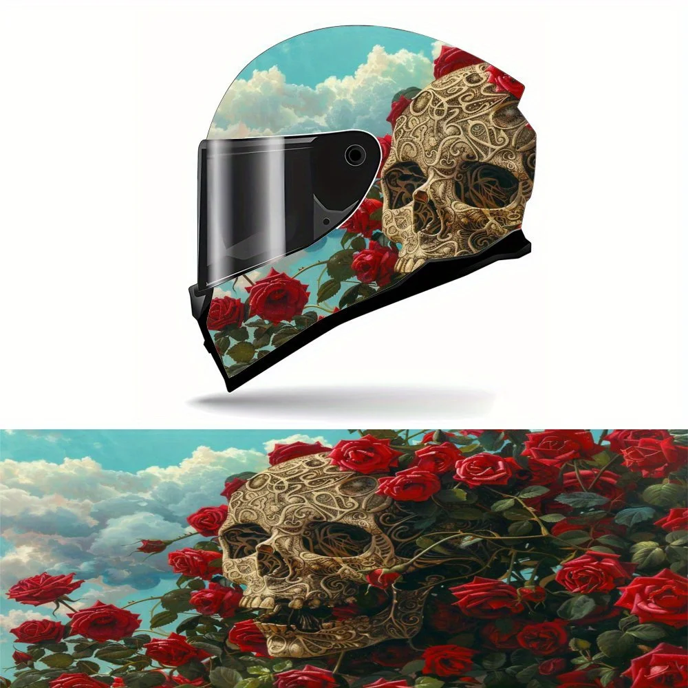 Skull theme surrounded by roses, motorcycle helmet sticker - durable PVC, aesthetic sticker for motorcycle racing helmet, motorc