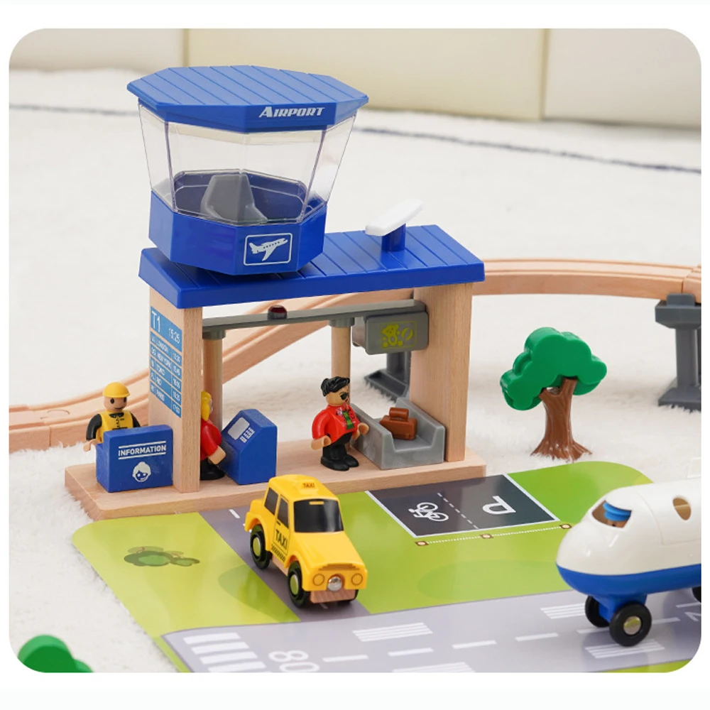 Small Track Set With Airplane Airport Apron Scene Theme, Children's Fun And Puzzle Wooden Train Track Toy Set, XT155