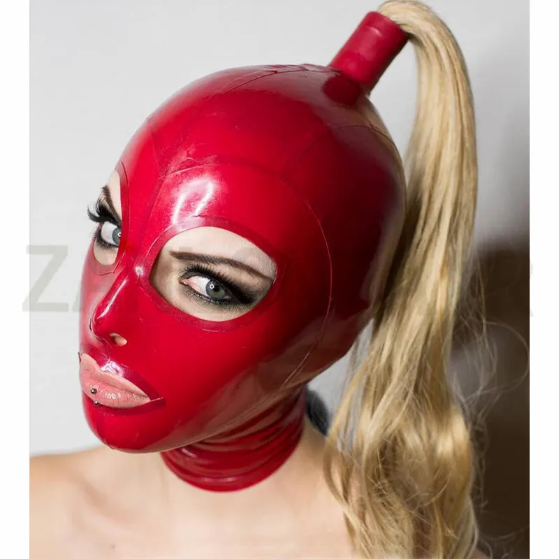 

Handmade Sexy Lady Lingerie Women Female Red Latex Customize Color Spliced Open Eyes Mouth Mask Hoods with Blonde Wig Uniform Fe