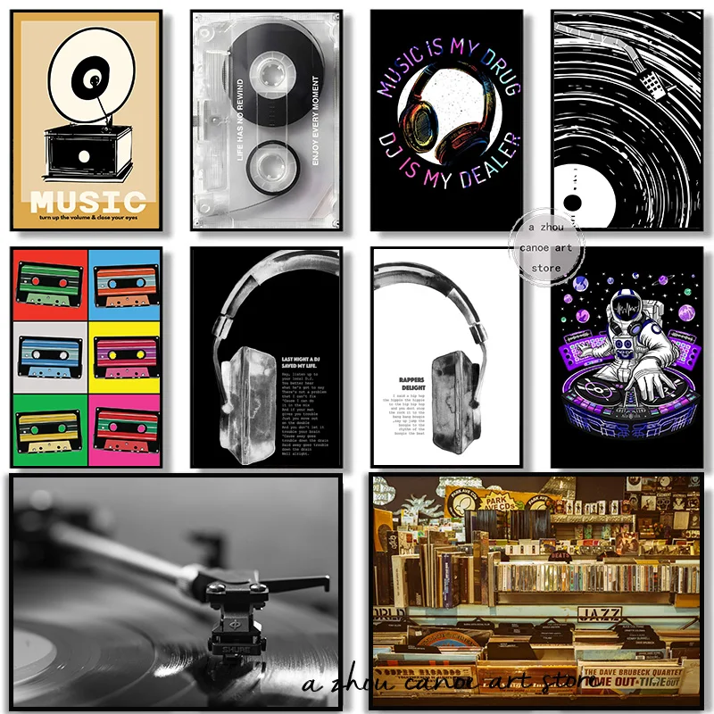 Retro Music Vinyl Record Players Cassette DJ Guitar Headphone Lyrics Art Posters Canvas Painting Wall Prints Pictures Home Decor