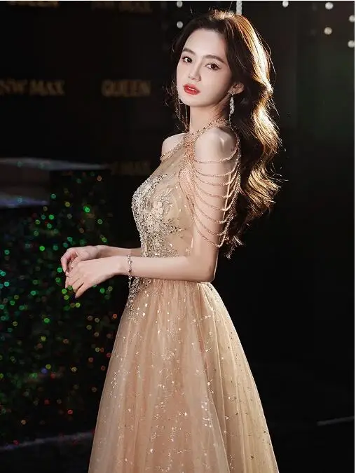 

2022 Champagne Gold Celebrity Dress Halter A-line Floor-length Tassel Sleeve Party Night Sparkly Sequin Beaded Evening Gown New