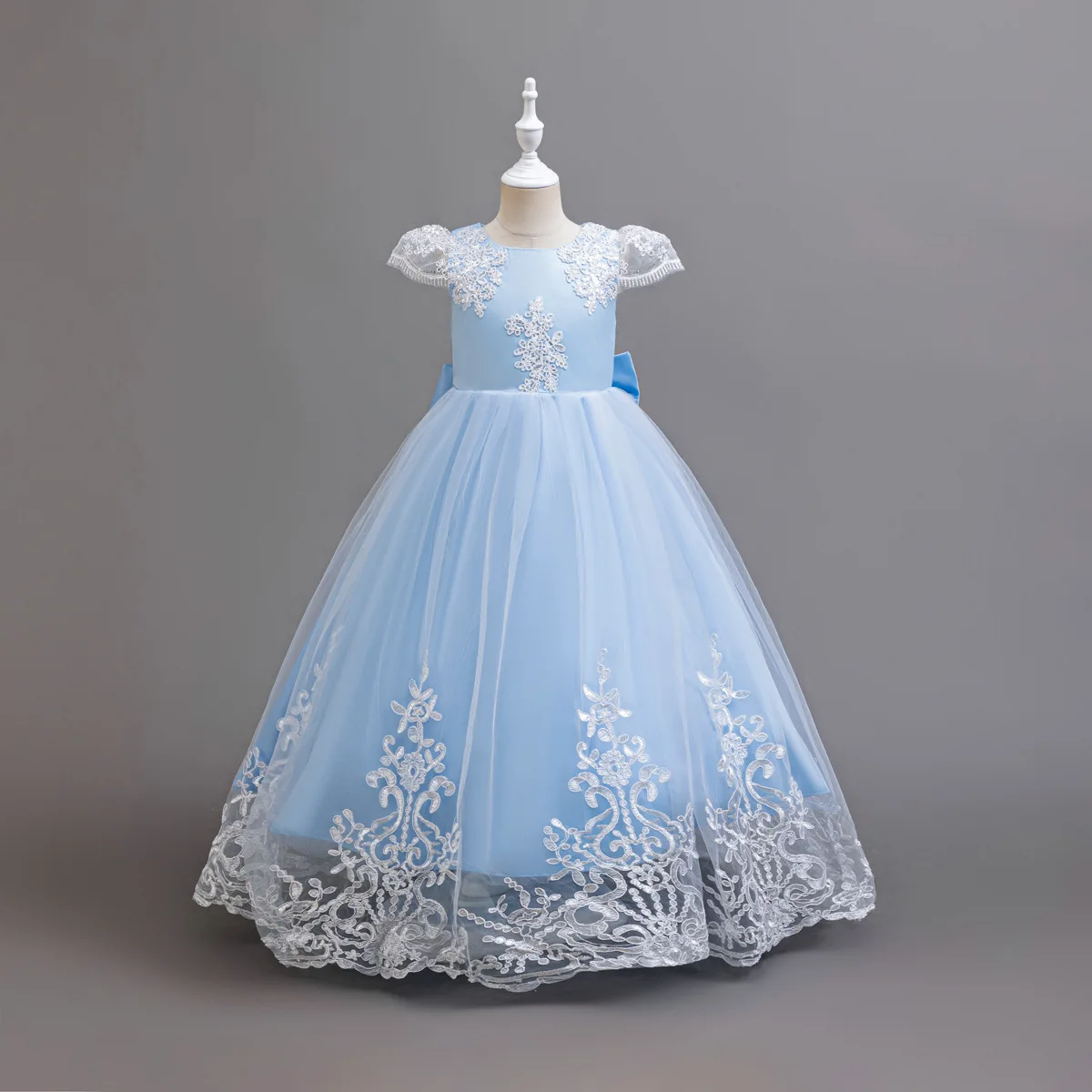 Summer New Girl's Lace Small Flying Sleeves Large Embroidered Flower Children's Wedding Dress Flower Show Pong Princess Skirt