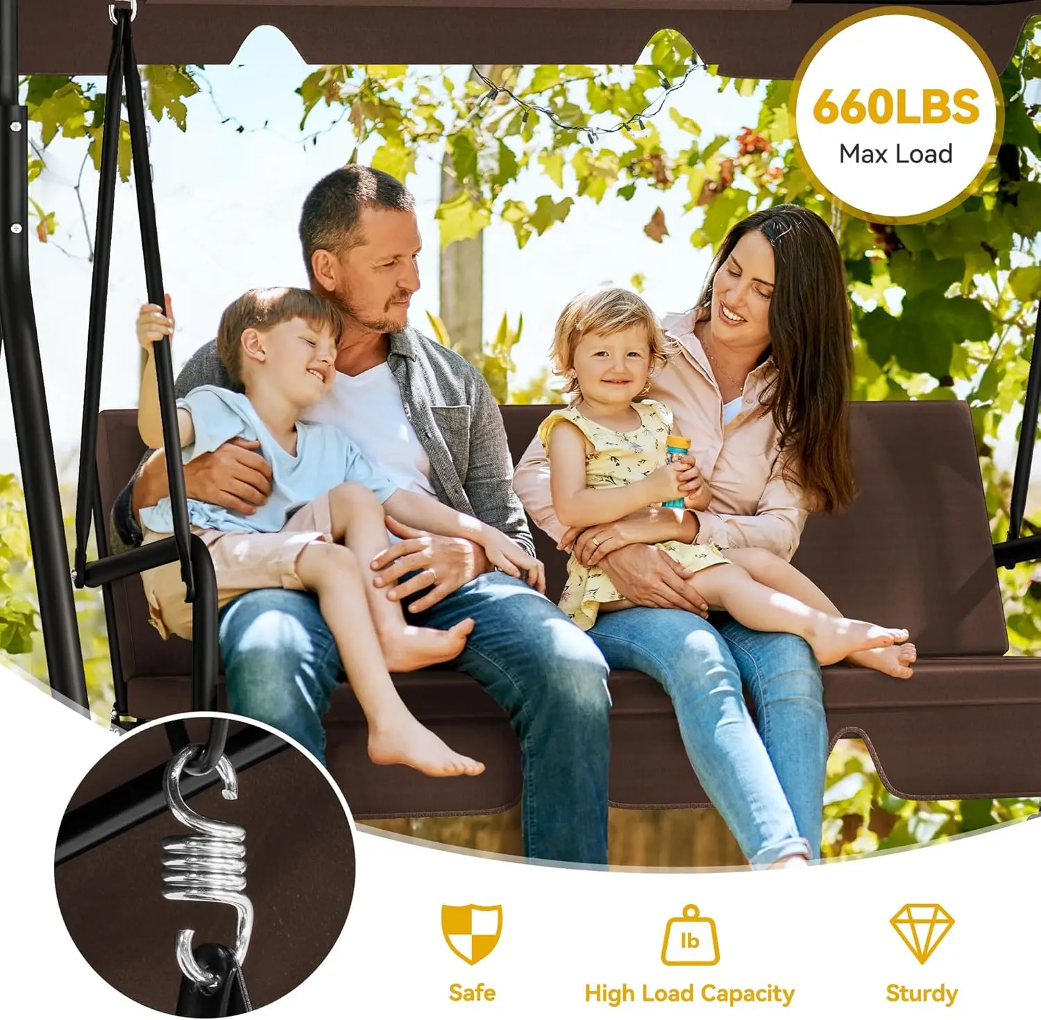 Altalena da patio Altalena per portico anteriore per adulti Altalene per portico a 3 posti con baldacchino regolabile Altalena esterna con cuscino rimovibile