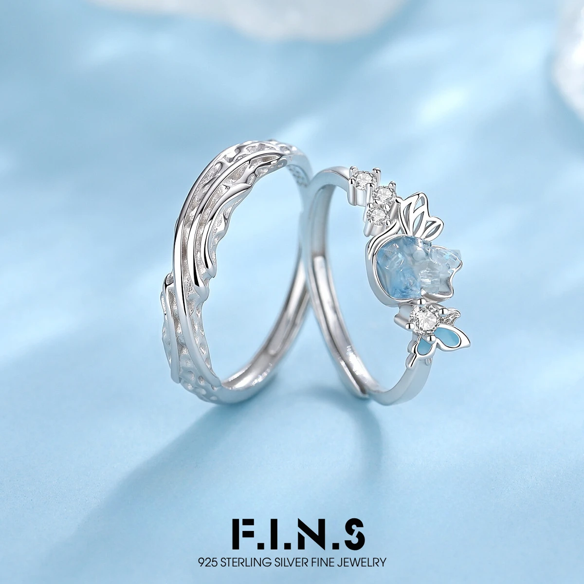 F.I.N.S Original S925 Sterling Silver Enamel Butterfly Cat Couple’s Rings Luxurious Glow-in-the-Dark Engagement Fine Jewelry