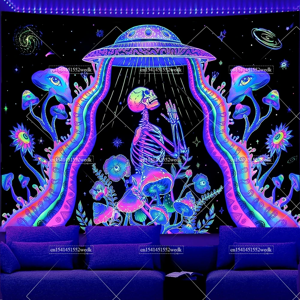 

Blacklight UFO Tapestry Skull Tapestry UV Tapestry for Bedroom Mushroom Tapestry Galaxy Space Tapestry Wall Hanging Room Decor