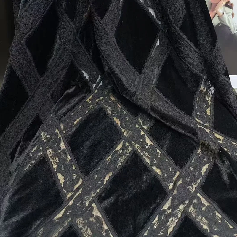 

New fashion diamond cross hollow laser embroidered lace fabric with velvet base, full-width clothing material by yard
