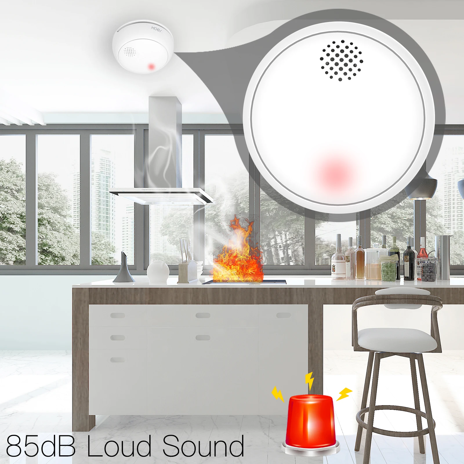 MOES ZigBee Detector de humo inalámbrico inteligente, alarma de sonido de 85dB, Sensor de sirena, protección de seguridad inteligente para el hogar, cocina, alerta de aplicación contra incendios