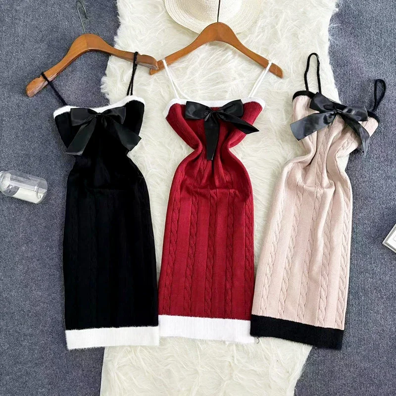 Schwarze Schleife neue elastische sexy Wickel Hüften Mini kleid Frauen y2k gestrickt Bodycon Sommerkleid Streetwear Damen Outfits Sommerkleid