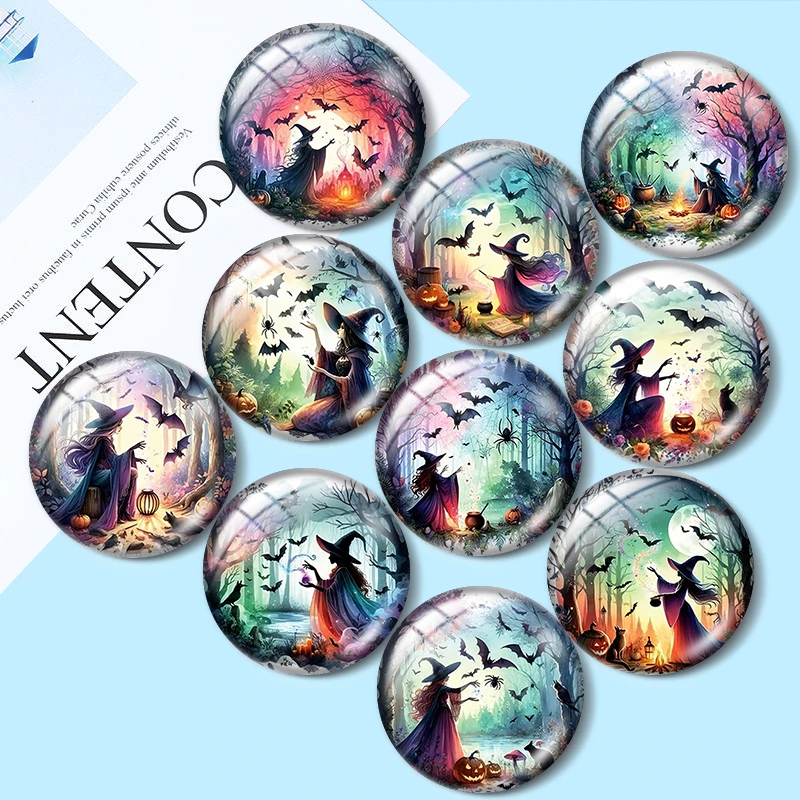 Watercolor Halloween Witch  12/18/20/25mm glass cabochon  bracelet pendant rings for jewelry demo earrings back Making findings