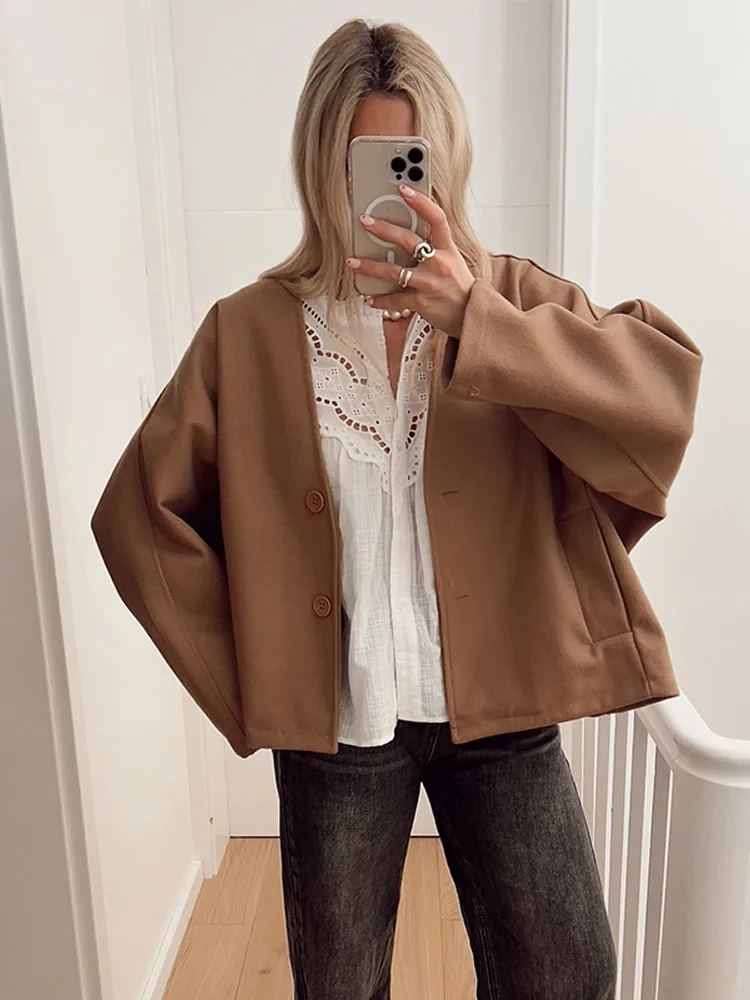 

Casual Solid Women's Woolen Coats Elegant Loose Round Collar Single Breasted Short Jacket 2024 Autumn Lady Street Outerwear