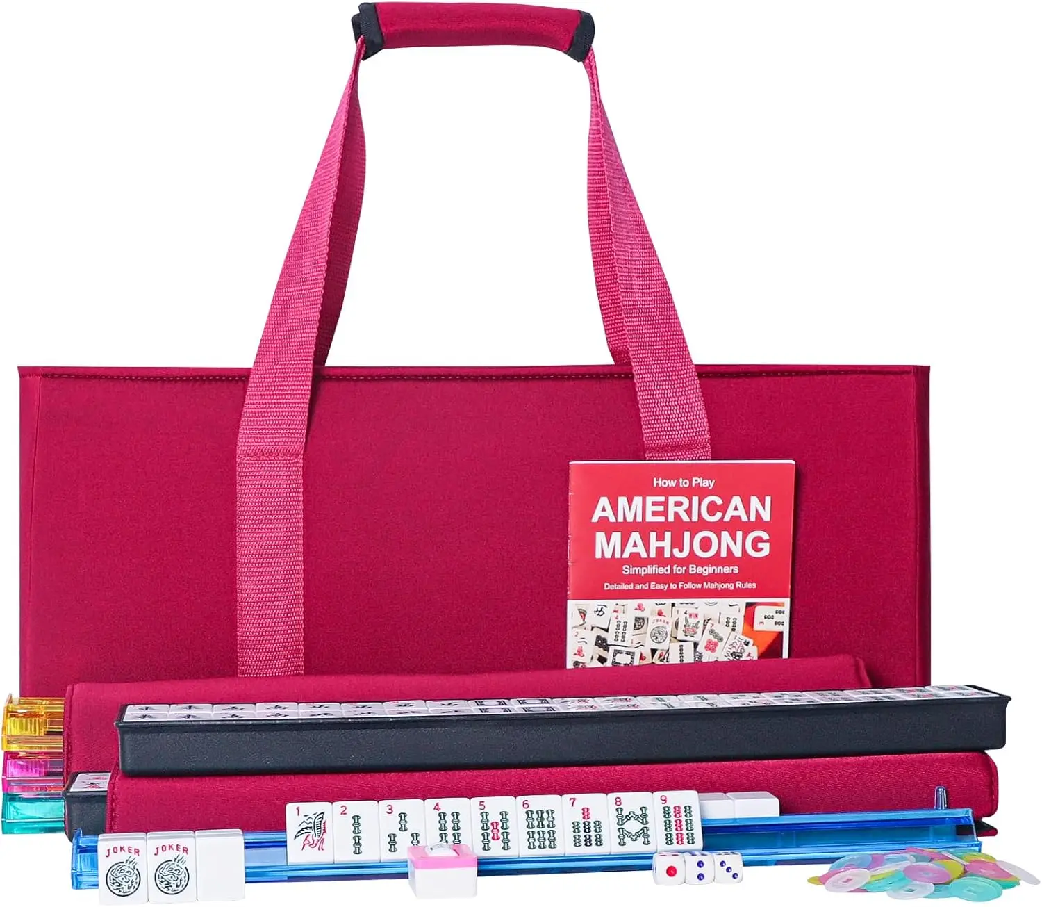 

Complete Western Mahjong Set with 166 White Tiles, Red Bag, and 4 All-in-One Racks