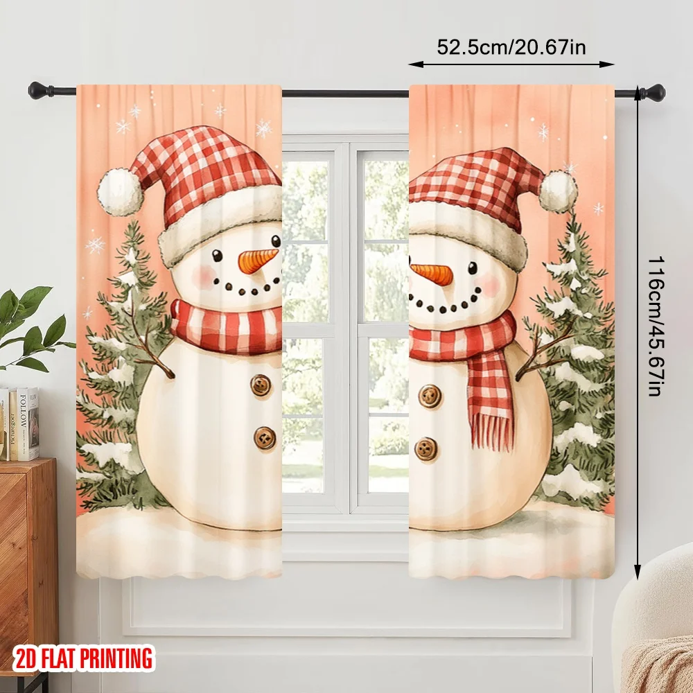 2pcs,2D plane printing Popular Curtain Panels Cute Snowmen Christmas Watercolor Versatile Durable Polyester (without rod) Gifts