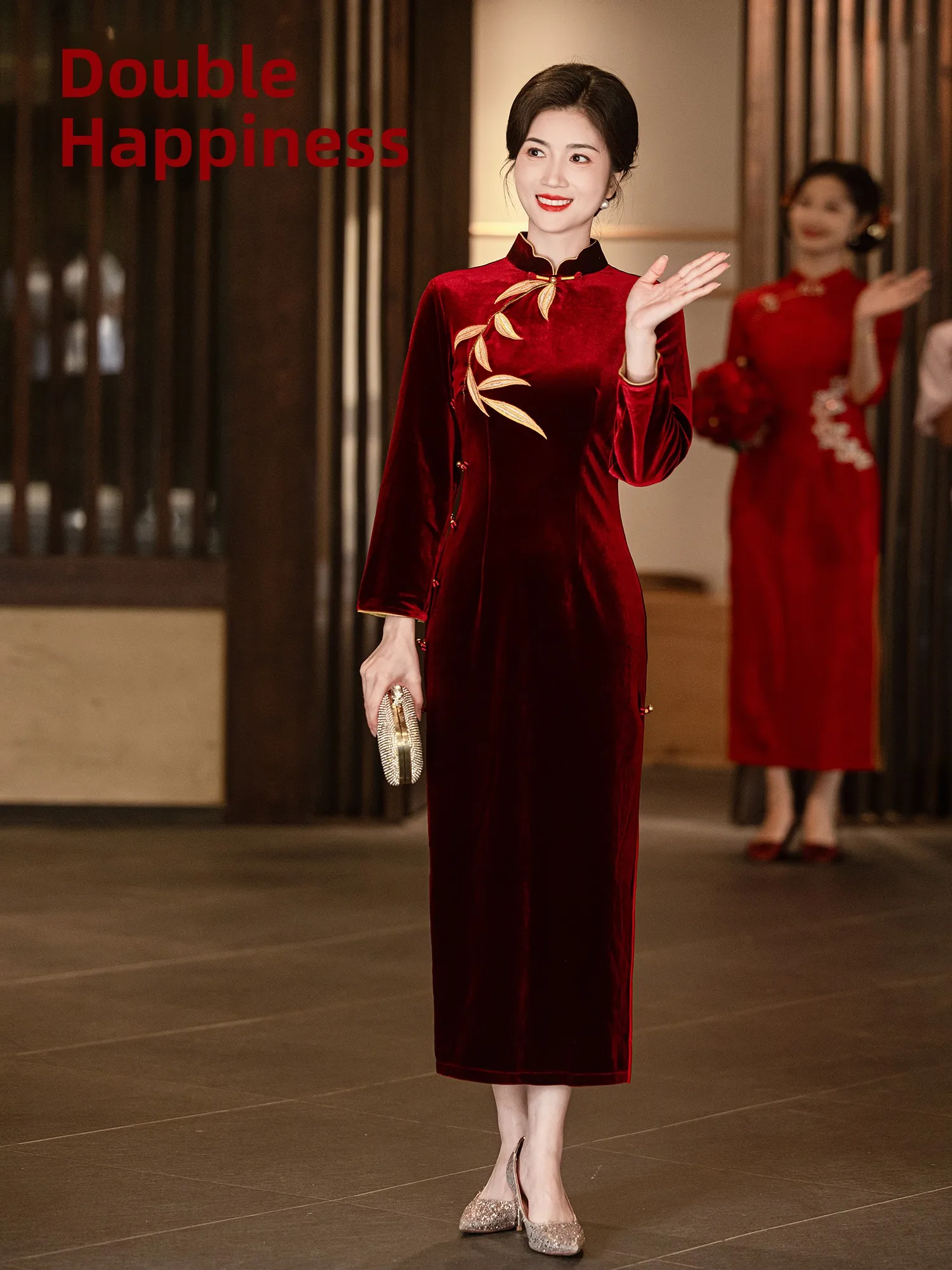 

Ele Long Velvet Qipao Wedding Dr Embroidered Bamboo Le Mom's Materni Celebration Gown Vintage Sle Autumn Winter