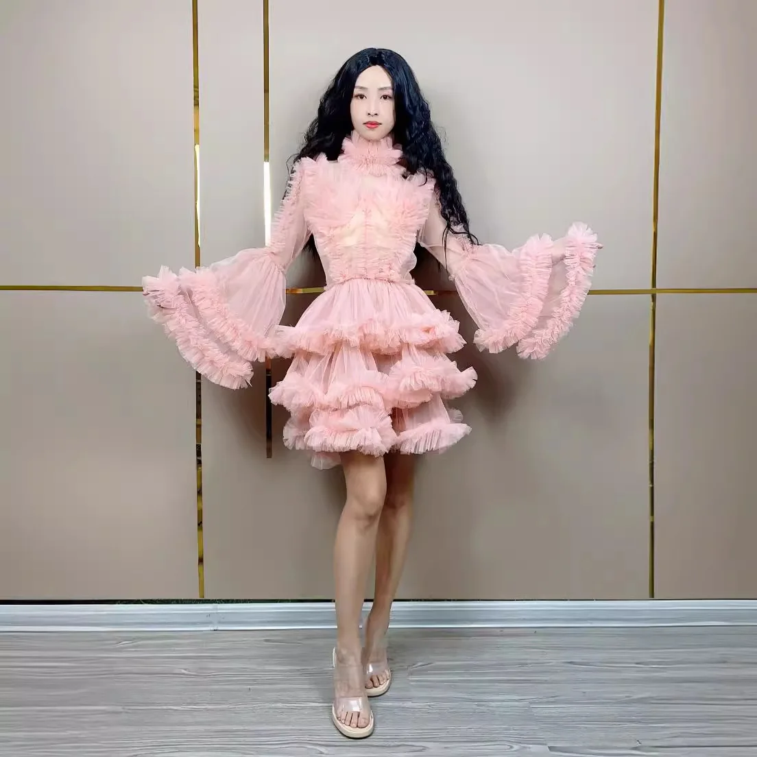 Mesh Bubble Sleeves Girl Heart Tutu Skirt Waist High Neck Long Sleeves Birthday Party Stage Host Evening Dress Prom Dress Luxury