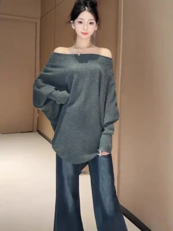 

Свободный вязаный свитер с длинными рукавами и круглым вырезом для женщин, в корейском стиле, больших размеров, осенняя новинка, повседневный топ