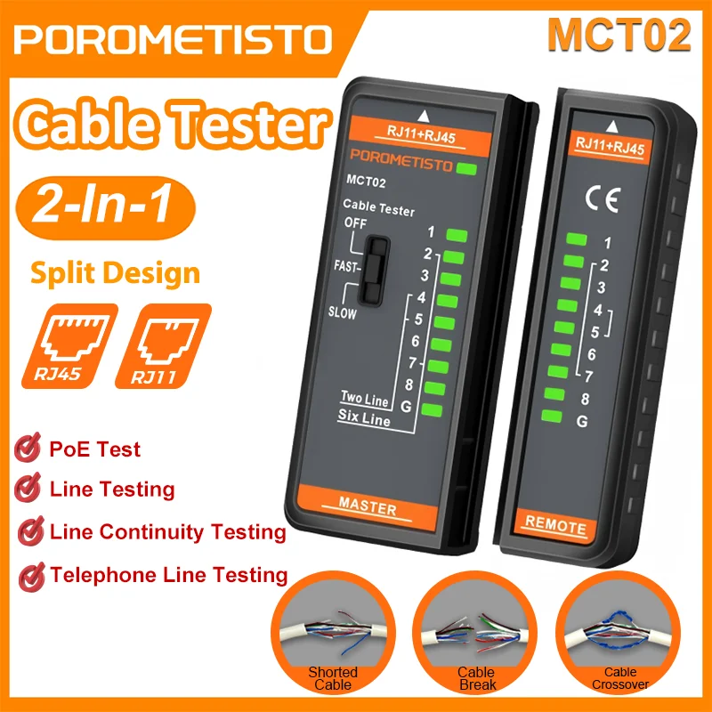 

MCT02 Кабельный тестер RJ11 RJ45 Тестер двойного назначения Светодиодный дисплей Тест POE Тестер сетевого кабеля Тест непрерывности линии Инструмент для ремонта NC/HDMI