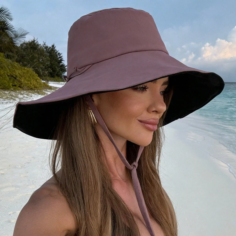 Pc Women's Drawstring Brim Bucket Hat,Bucket Hat with Adjustable Chin Rope Frayed Design Bucket Hat for Travel Beach Seaside